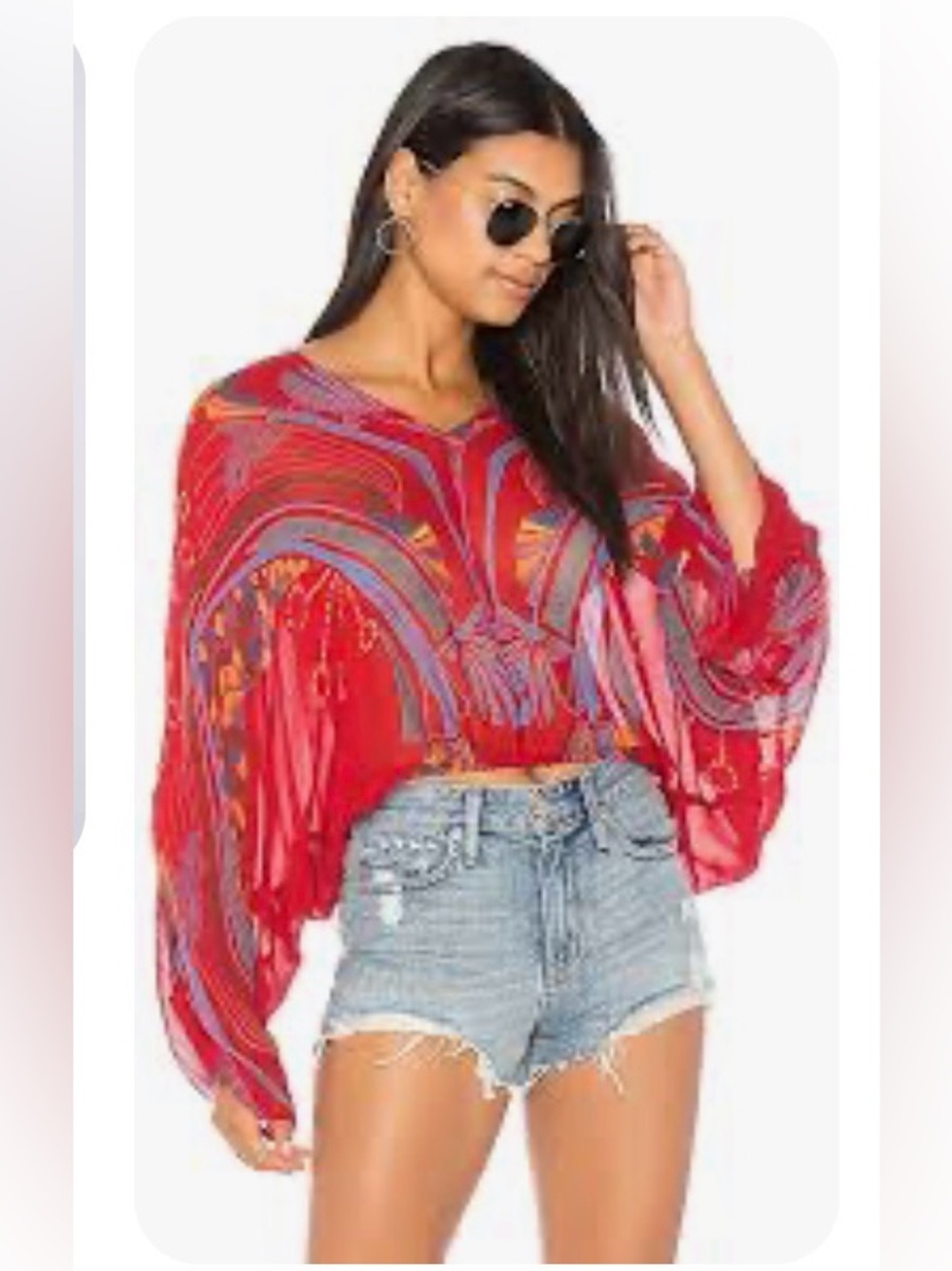 Free People "Beneath the Sea" red dolman sleeve sheer boho top size XS